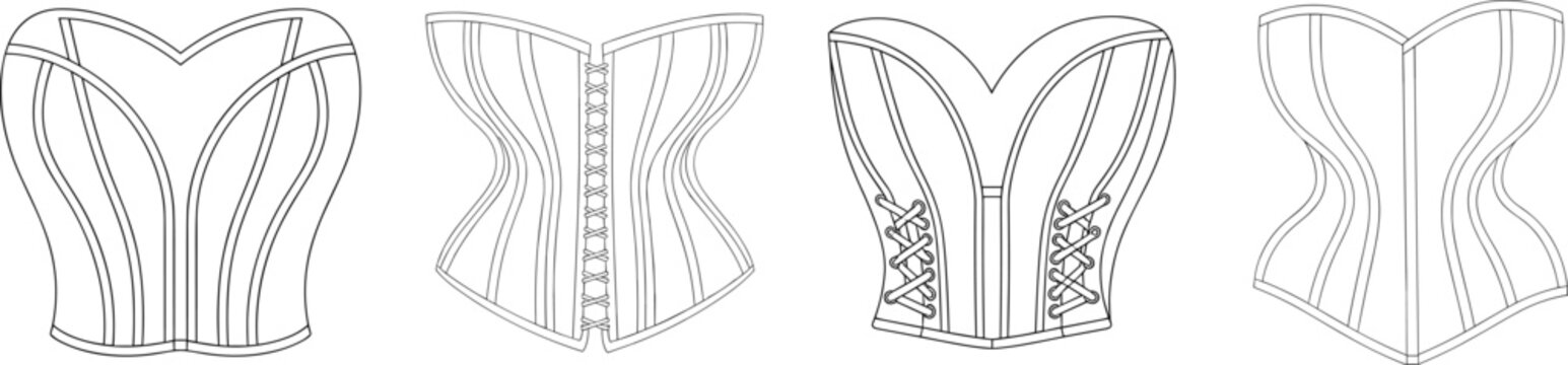 Elegant corset top technical drawing set, structured bodice with seam lines, front and back views &ndash; vector illustration