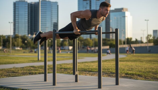 calisthenics workout with athlete on parallel bars in park and strong core body control