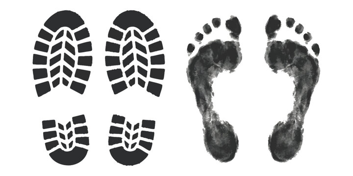 Black silhouette of shoe tread prints and human footprints isolated on white background vector illustration set