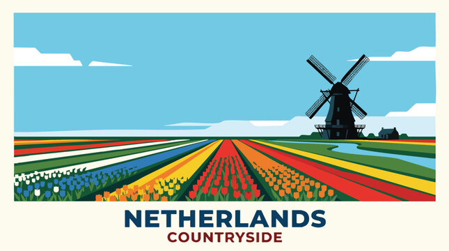 Vibrant tulip fields and windmill in the picturesque netherlands countryside Vector, illustration