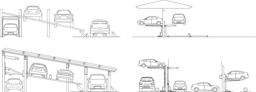 Automated car parking system diagrams, multi level vehicle lift mechanisms and smart garage concepts, engineering line art collection &ndash; vector illustration