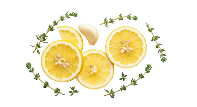 Lemons slices with thyme and garlic, isolated on transparent background