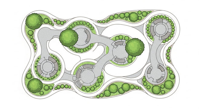 Landscape architectural plan with curved garden paths, top view site map of public park with green trees, urban plaza master plan vector