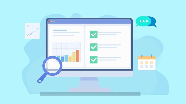 Flat animated video of a desktop monitor displaying a checklist dashboard with charts, search magnifier, and communication icons including email, chat, and calendar, representing collaboration and tas