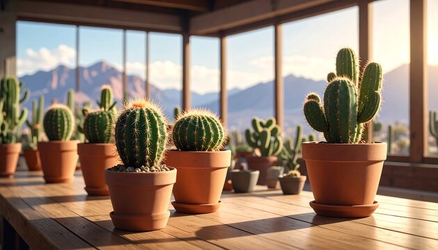 Cactus Garden in a Sunlit Conservatory with Mountain View.