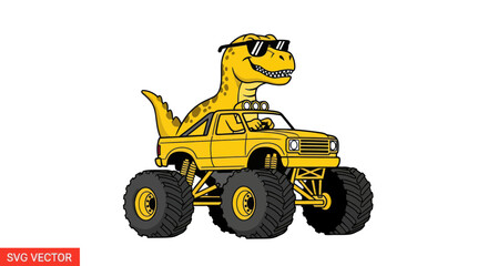 Cool T-Rex Dinosaur Driving Yellow Monster Truck with Sunglasses © hidayati