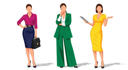 Fototapeta premium Flat style vector illustration of business women in formal office outfits posing in different gestures, modern corporate fashion collection isolated on clean background for professional use