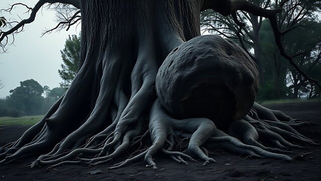 accuser. A large uprooted tree with exposed roots after a storm, dramatic natural scene. ESG reports, sustainability campaigns, designed for environmental awareness campaigns, used by professors.
