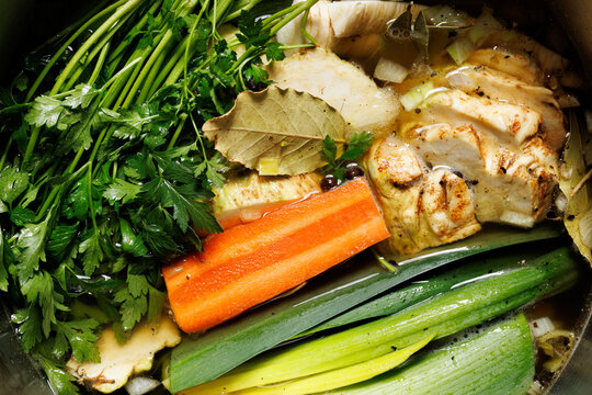 Ingredients for vegan vegetable broth ready to cook, close up view
