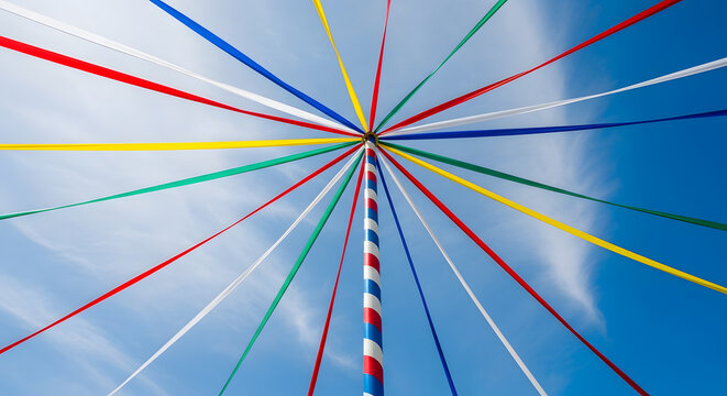 Celebrating may day and labor day vibrant streamers and ribbons against a bright blue sky festive traditions