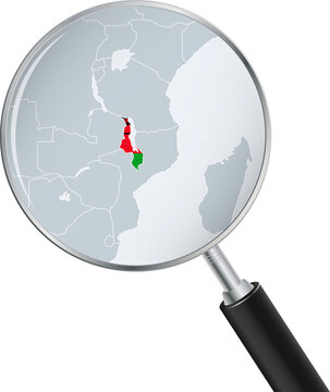 Malawi Map Under Magnifying Glass with National Flag