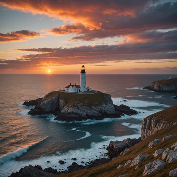 Lone lighthouse on a rocky headland against a flaming sunset sea