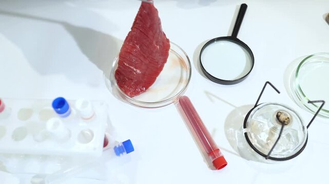 Scientist in gloves using tweezers to examine lab-grown meat sample in petri dish. Close-up view of artificial cultured tissue on agar medium. Biotechnology process for sustainable food production.