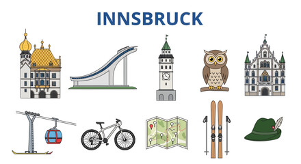 Innsbruck Travel Icons Set Featuring Landmarks and Activities. © zyaa