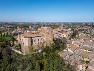 Naklejka premium Aerial drone view of Santarcangelo di Romagna historic village, Italy – charming medieval architecture, narrow streets and picturesque old town landscape in Emilia-Romagna