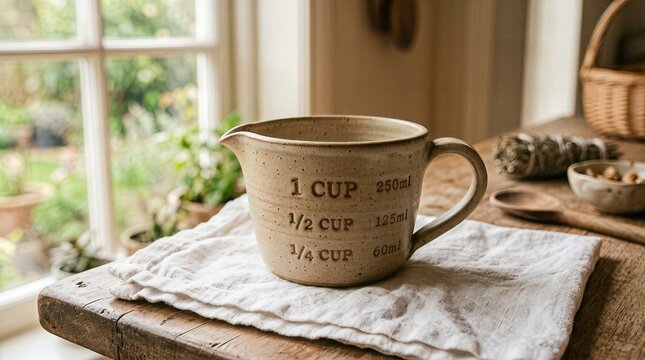 Rustic Handmade Ceramic Measuring Cup on Wooden Table in Bright Sunlit Kitchen