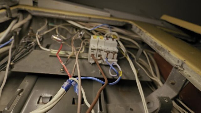 Messy electrical wires connect to old circuit breakers inside a metal junction box. Camera pulls back to reveal chaotic cabling and dusty components in dim lighting.