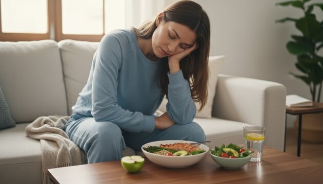 Slow metabolism concept with tired woman at table in soft home light and low energy mood
