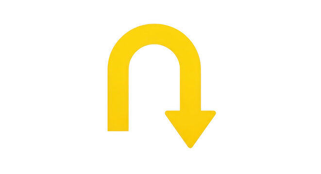 A bright yellow arrow forming a u shape pointing downwards isolated on transparent background