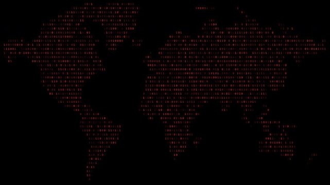 Animated binary digit world map with alpha channel transparency, featuring flowing data visualization and digital network concept. Ideal for tech videos, cybersecurity themes, global data motion graph