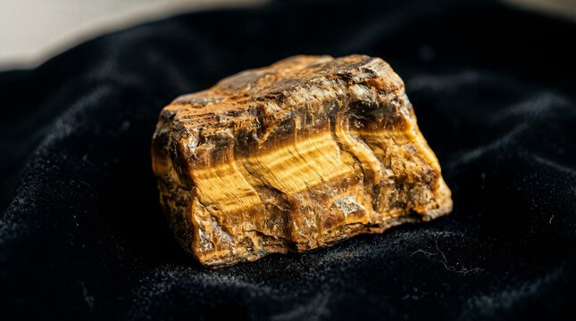 Raw unpolished tiger's eye gemstone with golden chatoyancy on black velvet background