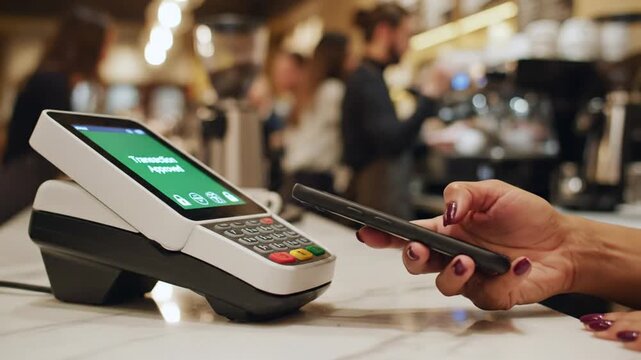 Woman paying with mobile phone at retail counter