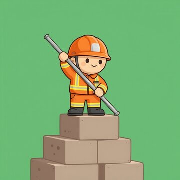Cute Construction Worker with Helmet and Tool Standing on Brick Pyramid Isolated Green Background