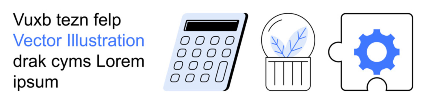 Business tools, environmental sustainability, technology innovation, education, digital transformation, eco-friendly practices. Calculator, glass globe with a plant, and a puzzle piece with a gear