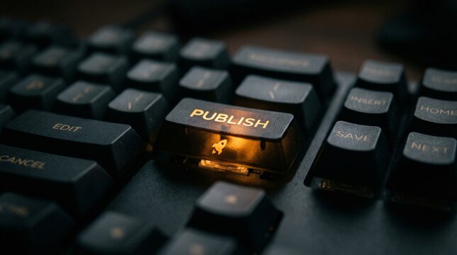Illuminated Publish Key Macro: Warm Amber Backlit Keyboard Highlighting the Final Launch Step of Digital Product Creation