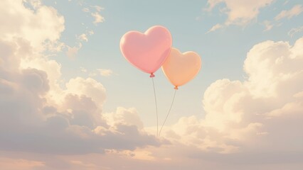 Obraz premium Two Pink Heart Shaped Balloons Floating in a Cloudy Sunset Sky with White Clouds