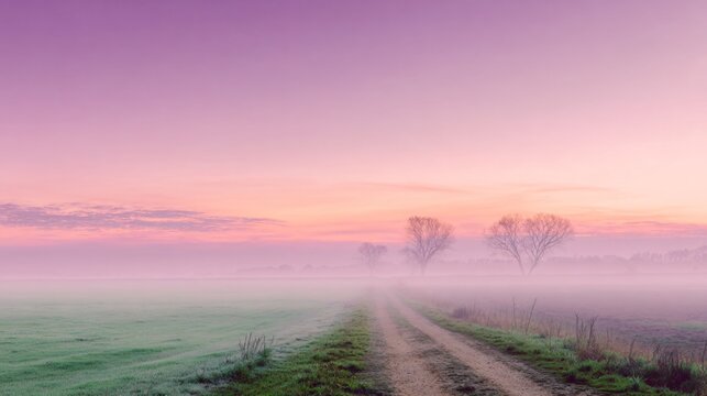 A winding dirt path leads into a hazy, pink-and-purple spring dawn, symbolizing journeys and the ephemeral beauty of nature's transient moments, a gentle awakening.