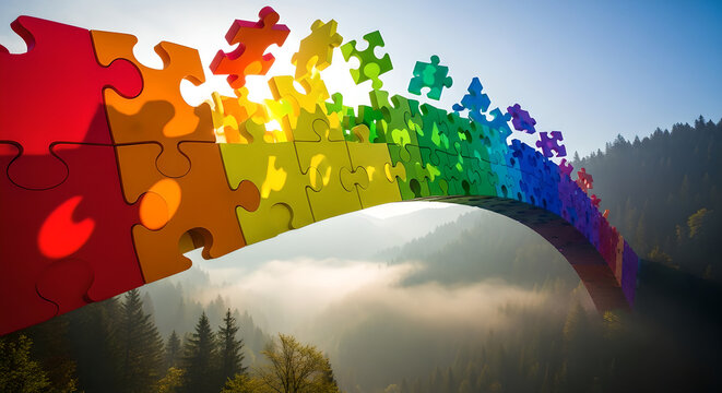 Rainbow puzzle bridge, colorful jigsaw pieces, foggy mountain landscape, unity concept