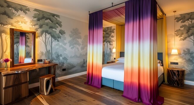 Luxury hotel room with canopy bed.