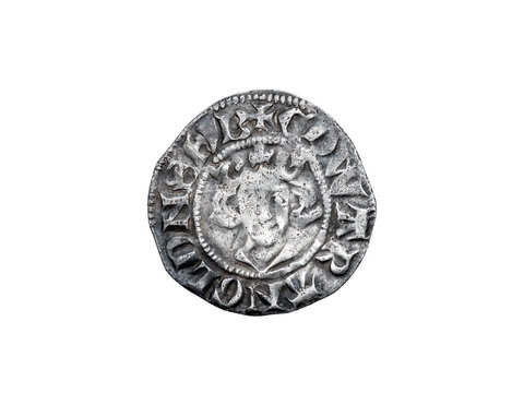 Silver long cross penny English hammered coin of King Edward II Class 11b obverse, 14th century dated 1310- 1314 minted in Canterbury England, cut out and isolated on transparent background