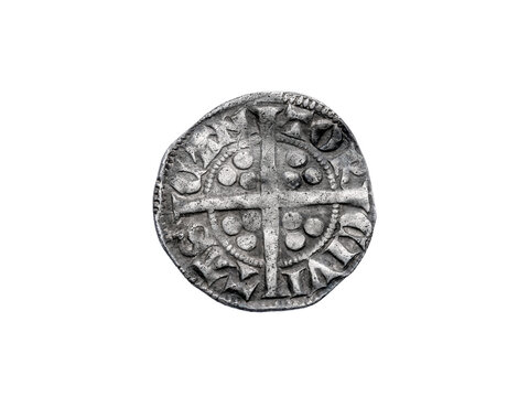 Silver long cross penny English hammered coin of King Edward II Class 11b reverse, 14th century dated 1310- 1314 minted in Canterbury England, cut out and isolated on transparent background