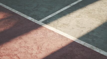 Fototapeta premium Close-up of a tennis court. the court is made of concrete and has a red and green color scheme. the surface of the court is uneven and uneven, with a white line running across it.