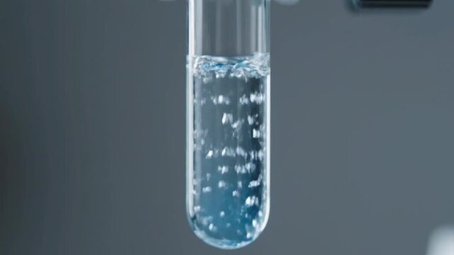 Chemical reaction in a test tube: blue liquid formation with bubbles
