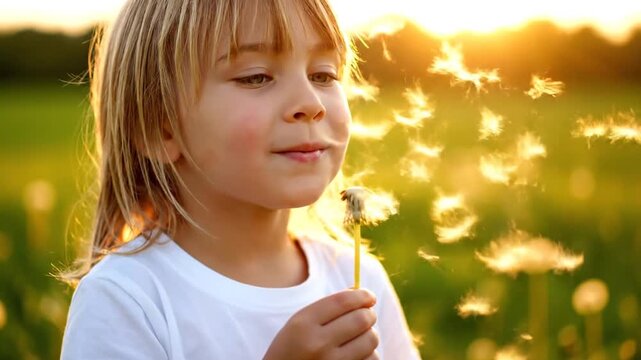 Child blowing dandelion seeds in golden hour sunset light, joyful childhood moment