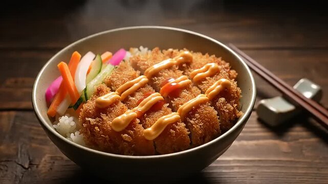 Steaming Japanese Tonkatsu Katsudon bowl with rice  pickles on rustic wood.
