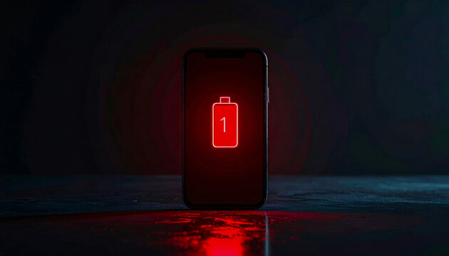 Smartphone with Low Battery Red Warning Icon on Screen in Dark Room Background