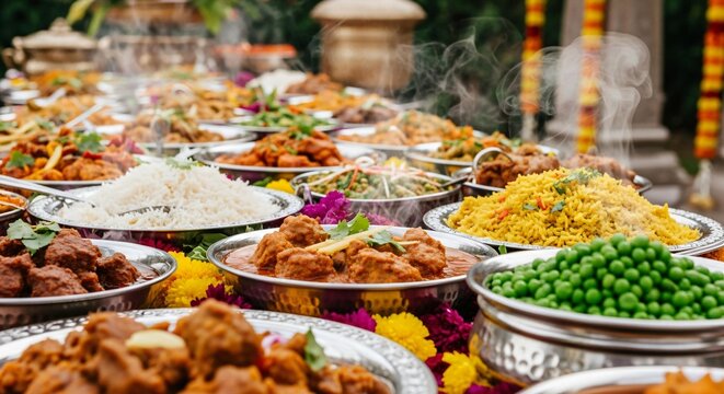 Close up of delicious vegetarian thali served during Rath Yatra celebration for devotees in India with vibrant dishes and offerings
