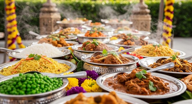 Close up of delicious vegetarian thali served during Rath Yatra celebration for devotees in India with vibrant dishes and offerings