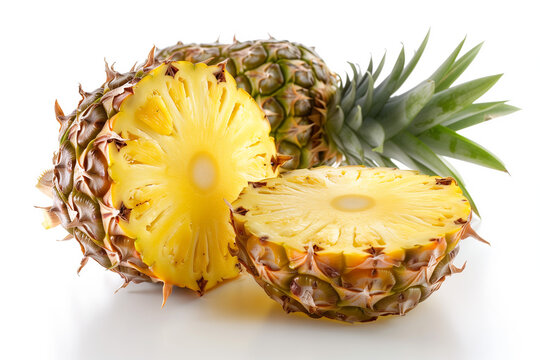High-quality image of a ripe pineapple displayed whole and sliced, showcasing its juicy yellow flesh and textured outer skin on a clean background.