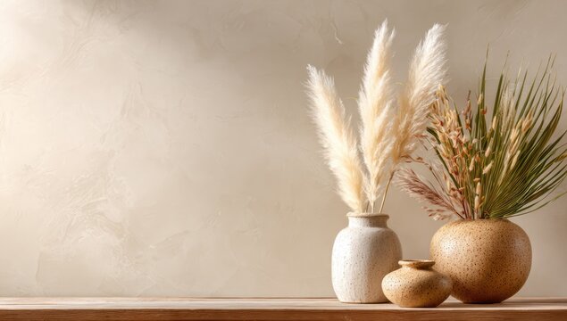 Bohemian Dried Pampas Grass and Wheat Stalks in Vases on Shelf.
