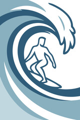 Vacaciones en la playa. Logo club de surf. Dibujo con líneas de un joven surfista en una tabla de surf en el interior de una ola de mar © teracreonte