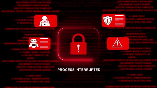 Process interrupted warning. Cybersecurity defense and system protection from hackers, secure digital systems, cyberattack prevention of a Secure Digital Environment and Internet Safety.