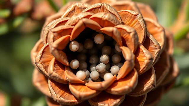 ovules. A pine cone with parted scales revealing tiny pearl-like ovules inside, botanical focus. gardening catalogs, home-decor guides, designed for home decor and floral branding.
