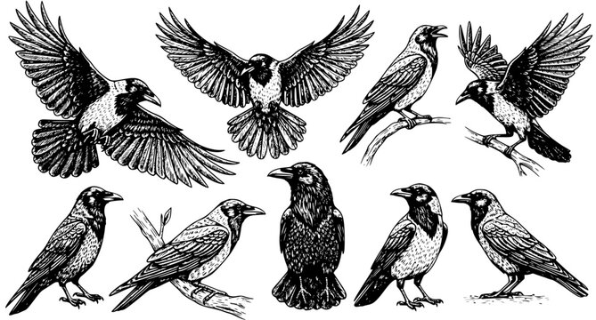 Crow and Raven Engraving Vector Set &ndash; Flying, Perched, and Standing