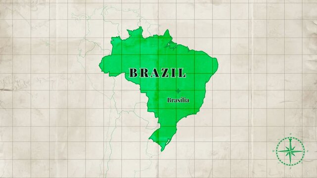 Vintage Style Animated Brazil Map with Country Borders and Capital Brasilia on Old Paper Background
