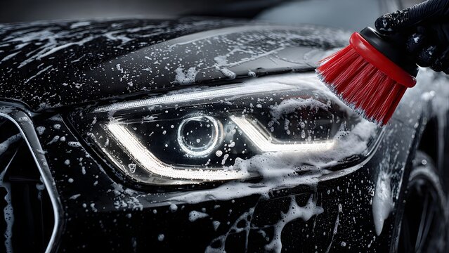 Commercial-grade close-up of a gleaming black luxury coupe headlight completely covered in swirling white foam as a black-gloved hand guides a red